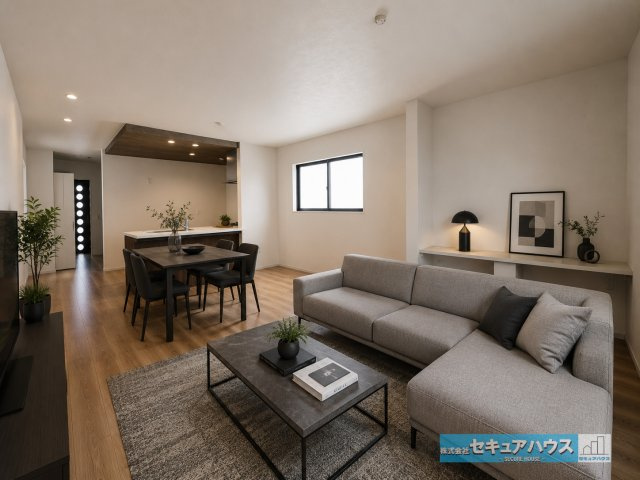 【今からご案内可能】刈谷市中手町二丁目 全2棟　の居間・リビング|【リビングに家具を配置したイメージ】
◆広々21帖リビングには大きなソファを置くことが可能です。シンプルなデザインのリビングのため、好きなテイストの家具を選択することができます。　　　　　　　　　　　