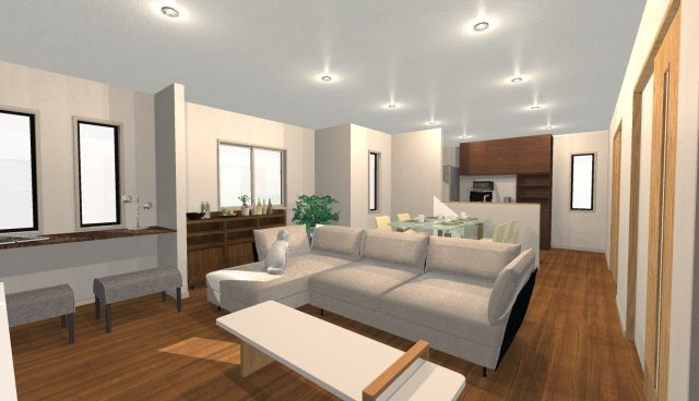 西五百住町　建築条件付き土地の完成予想図|【リビング/イメージパース】
ご家族との繋がりを重視したリビング階段！「ただいま」「おかえり」の声がいつも聞こえてパパママ安心♪