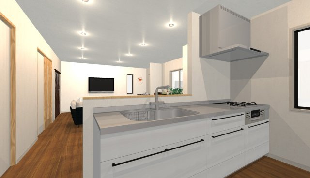 西五百住町　建築条件付き土地の完成予想図|【キッチン/イメージパース】
リビングで過ごすご家族を見守りながらお料理できる対面式のキッチン！