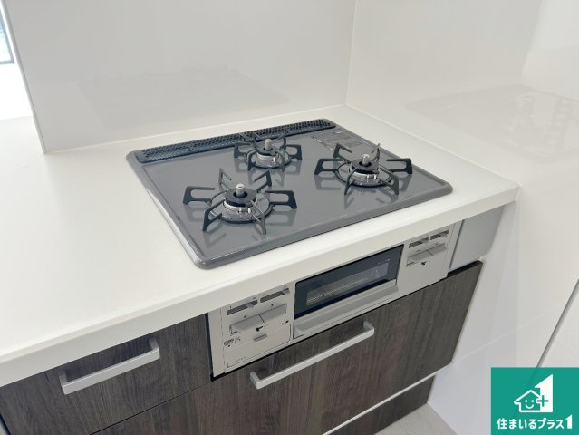 宝塚市中山桜台　第1期　新築一戸建ての設備|ダブル高火力Ｓｉセンサー付きコンロ！３口あるので、まとめて料理をする時も大活躍！