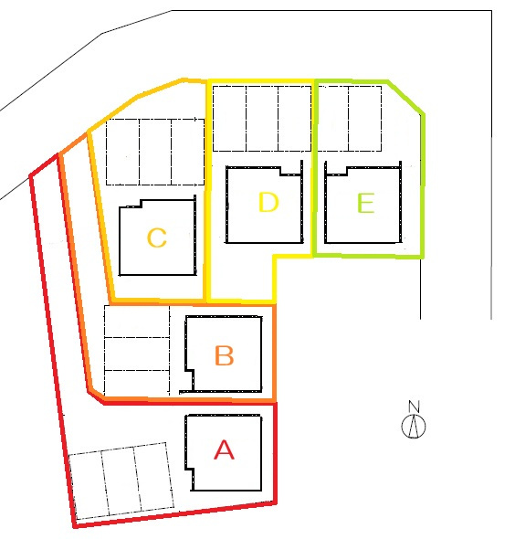 高崎市福島町の一戸建ての区画図|E区画は北東角地で広く道路に面し開放感があります。