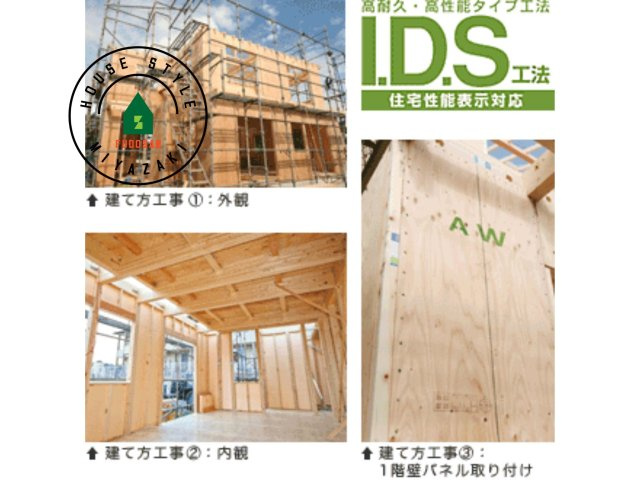 宮崎市清武町加納2011番-2棟（A号棟）の構造・工法・仕様|I.D.S工法は「木造軸組－パネル工法」。木造軸組工法の設計自由度と構造用合板パネル工法の耐震性の高さをあわせもった工法です。