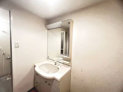 【独立洗面台】 | グラン・コート堺石津川公園 | 【シャワー付き洗面台】小物の収納力が高い三面鏡の洗面台です！シャワー付ですので、朝の身支度の忙しい時間に重宝しますね♪