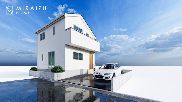 【外観】 | 青く澄み渡った綺麗な空と、陽の光をたっぷりと受ける、そんな新築住宅で新生活をスタートしてみませんか？見学・ご相談等、ミライズホーム(株)までお気軽にご連絡下さい。