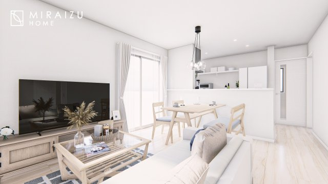 【完成予想図】 | 陽当たりが心地の良いリビング空間です。日中はカーテンを開けて自然な光を取り込みリラックスして過ごしたいですね、照明器具もセンスの良いものを使いたいですね。
