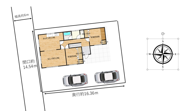 【区画図】 | 網走市駒場南１丁目４番２８号　中古売家 | 【区画図】南西道路幅員6ｍです。駐車台数は2台となっております。