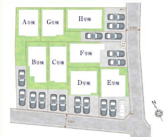 新築一戸建て 所沢市上新井 全8棟の区画図|カースペース２台分(車種によります)
