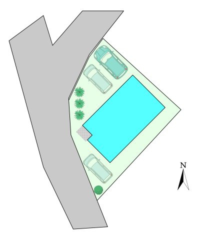 売土地　高崎市金古町の土地図＋建物プラン例|こちらは建物プラン例：参考イメージ図です。
区画内の建物・駐車場・庭の配置の一例です。