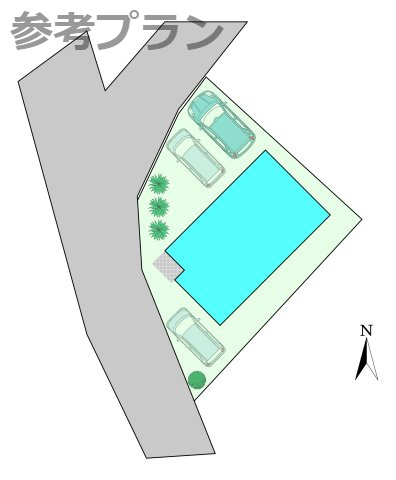 売土地　高崎市金古町の完成予想図|こちらは建物プラン例：参考イメージ図です。
区画内の建物・駐車場・庭の配置の一例です。