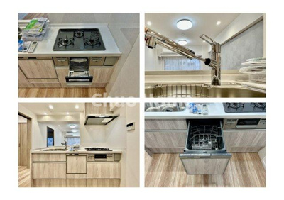 【キッチン】 | ネオコーポ亀有 | 【システムキッチン】ワイドで収納豊富な使い勝手の良いカウンターキッチンには、食洗器や伸縮タイプのキッチン水栓、三ツ口コンロ・魚焼きグリルなどの便利な設備が標準完備されています。