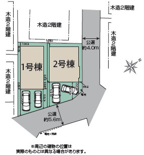 角地ならではの開放感の区画図|カースペース2台分