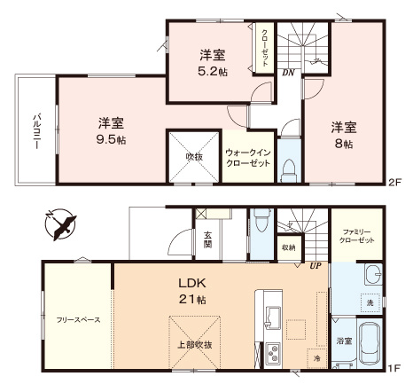 ふじみ野市元福岡２丁目の新築一戸建の間取り|上部吹抜けのある21帖のLDK！
間仕切り可能なフリースペースは用途いろいろ♪
洗面室隣には衣類などもまとめて収納できるファミリークローゼットがあります。