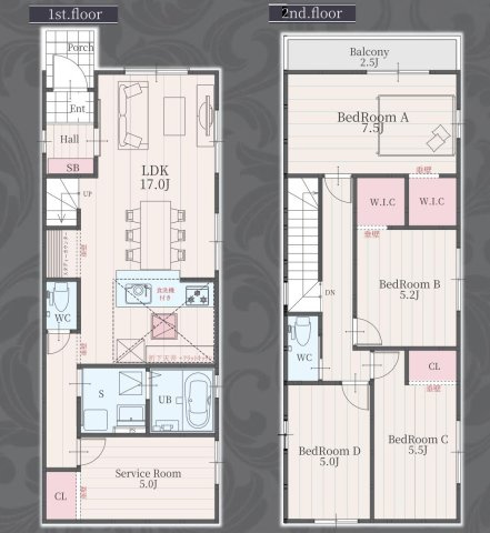 大府市長根町6丁目61番、62番『仲介手数料無料』新築戸建ての間取り|　5号棟　1F:LDK17帖！納戸5帖　CL設置！リビングイン階段♪スタディーカウンター！2F:主寝室7.5帖・洋室5.2帖　WIC設置！洋室5.5帖　CL設置♪洋室5帖♪バルコニー♪
