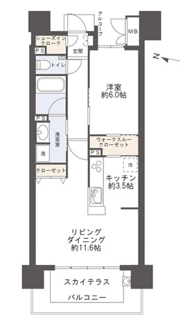 ロイヤルガーデン追手筋の間取り|約５２㎡の１ＬＤＫ。コンパクトな間取です。