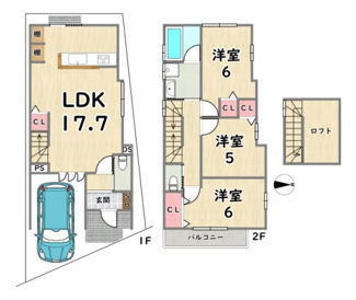 【土地図＋建物プラン例】 | 右京区嵯峨伊勢ノ上町　建築条件つき | 建築プラン例：建物価格1824万円、建延93.36平米、設計監理費用120万円（税込）＋外構費用110万円（税込）別途要、準防火地域及び準耐火建築物のため建ぺい率70％適用