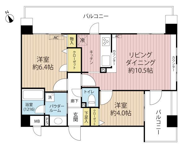 【間取り】 | フェイム三鷹フォレストコート | ２LDK、リビングダイニング10.5帖、洋室6.4帖、洋室4.0帖、それぞれの部屋から出入りできるワイドバルコニー、風通しの良い、角部屋、カウンターキッチン、全室フローリング、大きいクローゼット