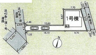 【区画図】 | 寒川町一之宮4丁目  1号棟 第53 | 西側約4ｍ公道（セットバック済）　旗竿地（間口約4.5ｍ）　駐車2台（車種によります）　敷地面積38.0坪（路地状部分含む）　※協定地あり