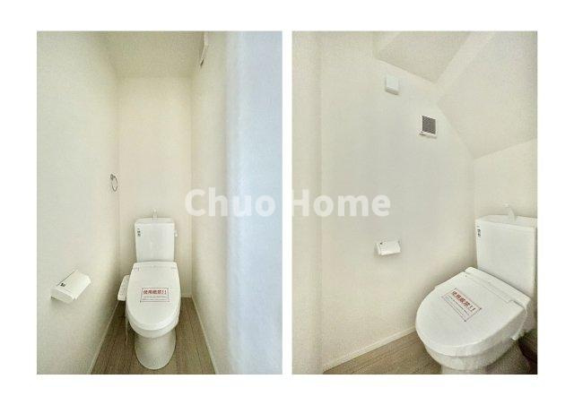 江戸川区鹿骨1丁目新築分譲住宅のトイレ|【トイレ】 収納スペースをしっかりと確保した温水洗浄便座機能付きトイレ。温水洗浄便座は清潔にお使いいただくための大切なアイテムです。