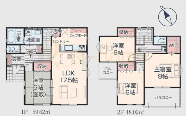 下妻市鬼怒　中古戸建て　2号棟の間取り|4LDK＋パントリー＋WIC、土地面積165.31m2、建物面積107.64m2

