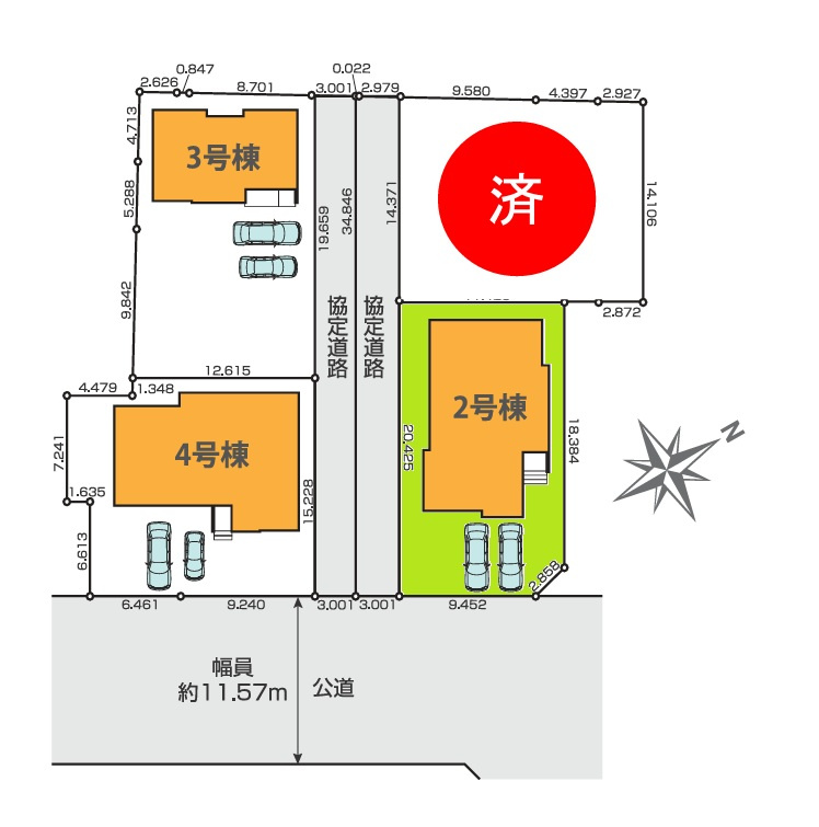 GRACE　ひたちなか市足崎　1期 　2の区画図|前面道路幅約11メートル、並列駐車可能で車庫入れラクラク！気になる他の物件と合わせての現地ご案内も可能です。HPから、またお電話でも、お気軽にお問い合わせください。