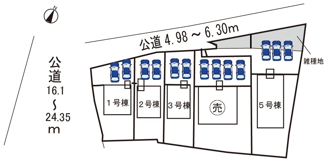 小牧市大字池之内　新築戸建　２号棟の区画図|全５区画。駐車場並列２台。
