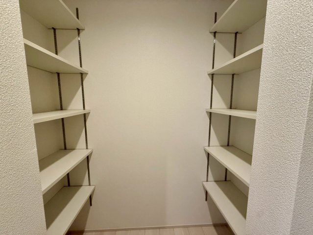 グラファーレ南城市玉城糸数 3期・1号棟の収納|１階玄関近くの階段脇にある、可動式棚付きで大容量のファミリークローゼット