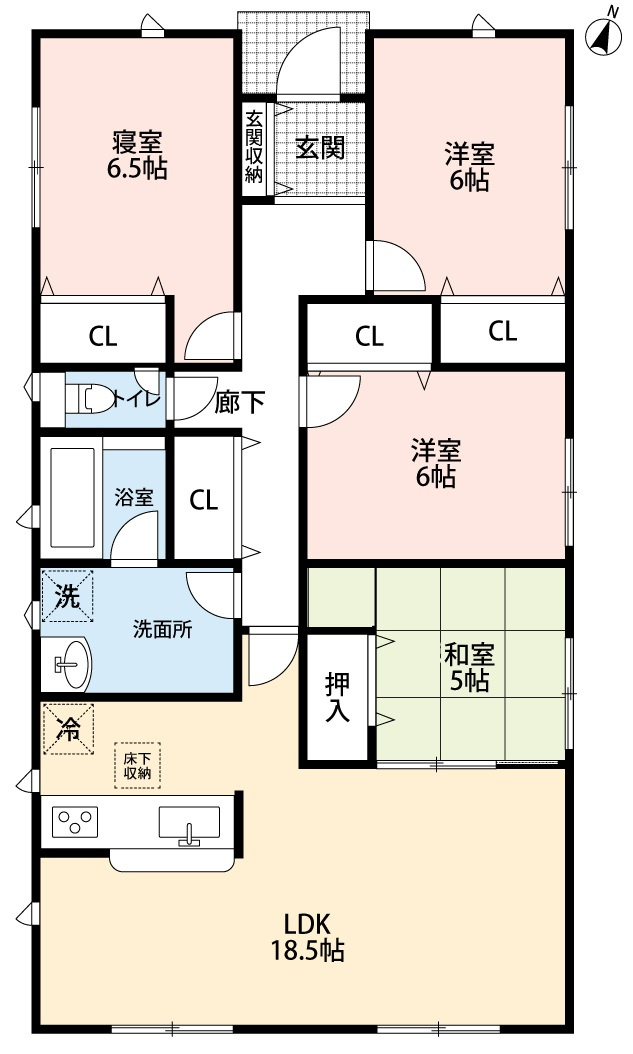 小牧市大字池之内　新築戸建　５号棟の間取り|人気の平屋建てです。
LDK18.5帖＋和室5帖の続き間で広々空間です。