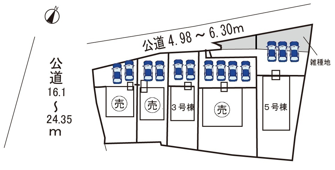 小牧市大字池之内　新築戸建　５号棟の区画図|全５区画。駐車場並列3台。