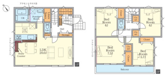 【間取り】 | 伊勢原市桜台5丁目  1号棟 4期 | 網戸標準仕様　シャッター2箇所付　二部屋から行き来できるバルコニー　食洗機・浄水器　浴室乾燥機+窓　全居室収納
