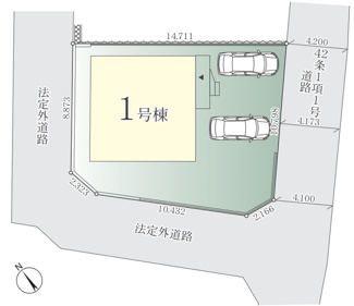 【区画図】 | 伊勢原市桜台5丁目  1号棟 4期 | 南東側約4.1～約4.2ｍ公道・南西側・北西側法外道路　駐車並列2台（車種によります）　敷地面積47.5坪