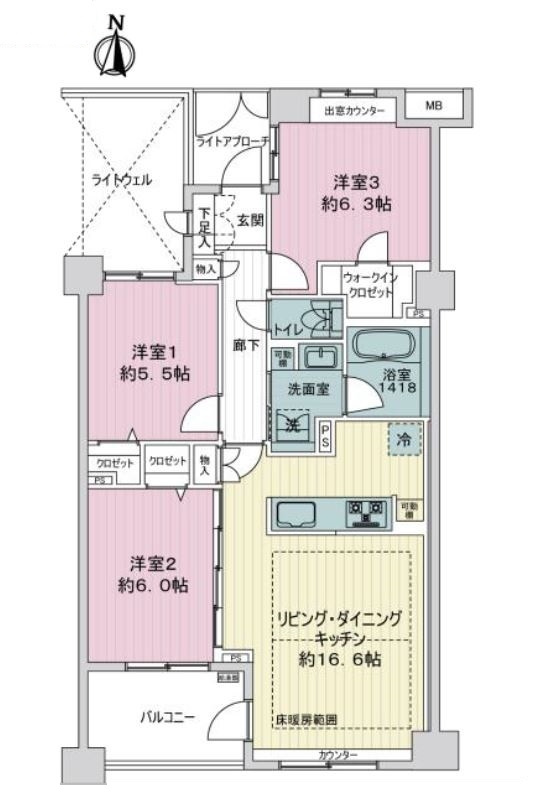 ヒルハイツ藤が丘壱番館の間取り|使い勝手の良い３LDK　LD横の洋室扉を開ければ広く使うこともできます。来客用の部屋としても最適。