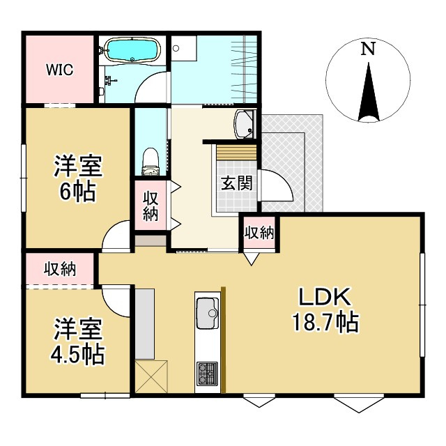 ウィンディストリート朝日町7号地建売住宅の間取り|18畳以上のLDKを中心に、2つの居室とWICを効率よく配置。1階で暮らしが完結する平屋動線は、毎日の生活をシンプルにします