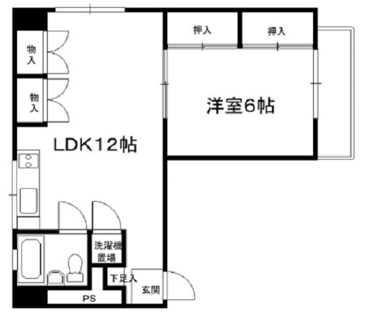 ルナハイツ蒲田の間取り|西向バルコニー北西角部屋の1LDK