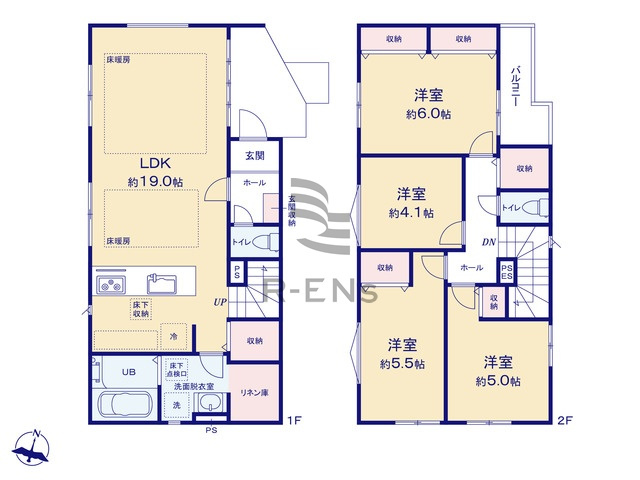 【間取り】 | 練馬区石神井台３丁目　新築戸建て　5号棟 | 19帖超えの広々LDKで、家族団らんの時間をゆったりと。