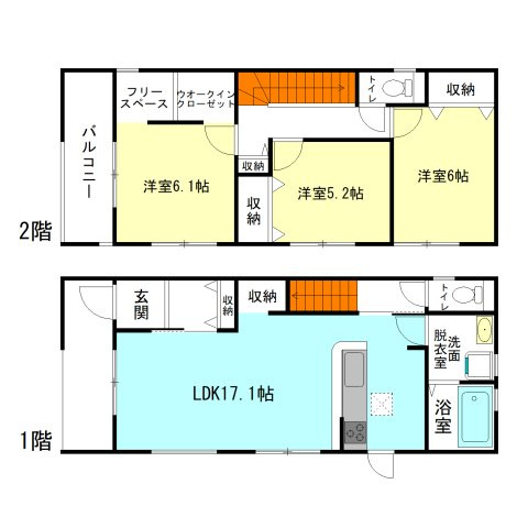 【間取り】 | リーブルガーデン.S渋川市四つ角ー① | 全居室洋室仕様＋暖かな南向き！
家族と自然に顔合わせできるリビングアクセス階段！