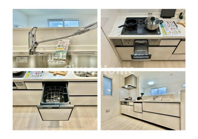 【キッチン】 | 葛飾区西水元2丁目新築分譲住宅 | 【システムキッチン】ワイドで収納豊富な使い勝手の良いカウンターキッチンには、食洗器や伸縮タイプのキッチン水栓、三ツ口コンロ・魚焼きグリルなどの便利な設備が標準完備されています。