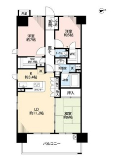 【間取り】 | メイツ海老名 門沢橋リバーマークス | 東向き　3LDK　２面採光　全居室採光有り　全居室収納付き　WIC×２箇所　スロップシンク