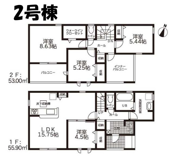 【同施工物件ご案内可能】知多市寺本台3丁目 全2棟の間取り|【2号棟】４LDK、土地面積:129.68㎡、建物面積:108.9㎡