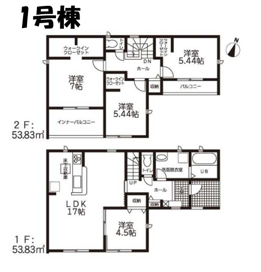 【同施工物件ご案内可能】知多市寺本台3丁目 全2棟の間取り|【1号棟】４LDK、土地面積:135.58㎡、建物面積:107.66㎡