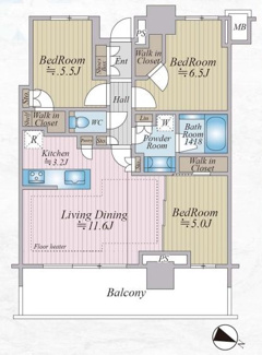 【間取り】 | リーフィアタワー海老名ブリスコート | 東向き　3LDK　２面採光　全居室採光有り　全居室収納付き　WIC×３　床暖房