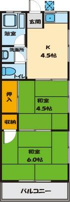 ２階角部屋　２Ｋ　３３．１２㎡