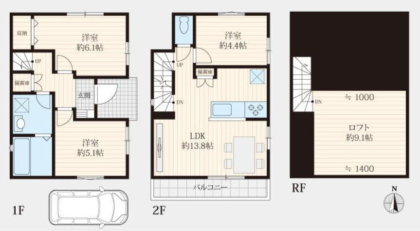 杉並区下井草4丁目　フリープラン対応　低層エリアの限定1区画の参考プラン|3LDK+パントリー+ロフト+カースペース　建物面積 66.51ｍ2(備蓄倉庫1.23ｍ2含む) 別途ロフト及びRF階段部分17.34ｍ2　建物価格 1,900万円
