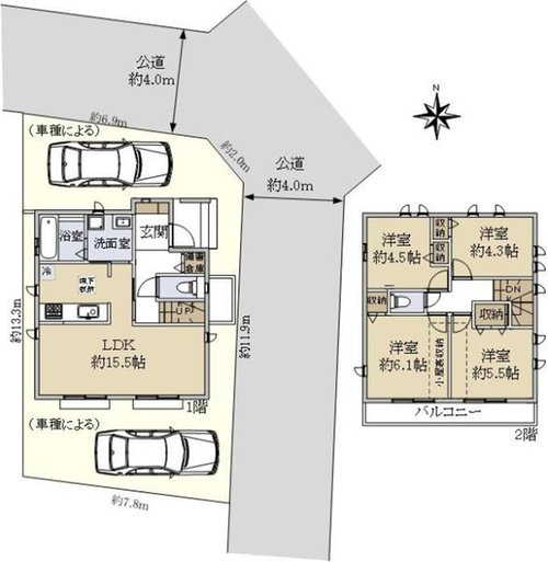 【Heartfull Town】小平花小金井５丁目の区画図|角地を含む全２棟の新築分譲が誕生♪