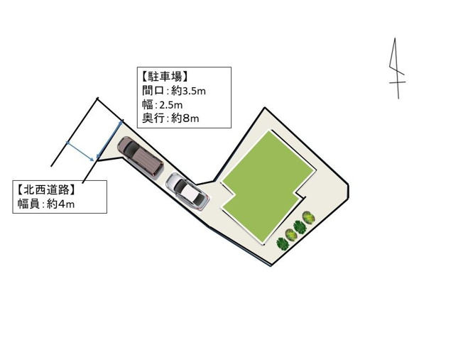 【区画図】 | 太宰府市梅香苑１丁目　戸建て | 駐車場の出入り口は一方が少し斜めに切ってあるので切り返しがしやすくなっています