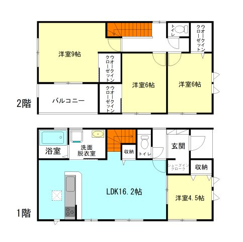 【間取り】 | アーバンスタイル前橋市箱田町1期ー① | 家族と自然に顔合わせできるリビングアクセス階段！
水回りを最短距離で結んだラクラク家事同線！
2階全居室ウォークインクローゼット付き！
