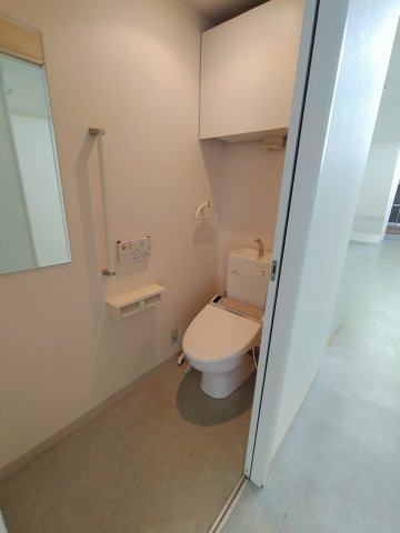 林寺４丁目中古テラスのトイレ|スライドドアのトイレです。備品をしまっておける収納もありますね。