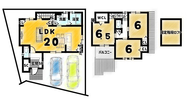 花園大藪町の土地図＋建物プラン例|建物参考プラン　建物価格１９９８万円、建物面積５５．０８ｍ２