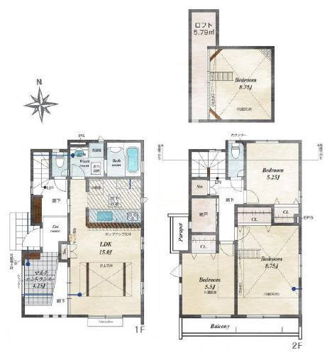 【間取り】 | 東久留米市前沢３丁目　新築戸建て　１９号棟 | 南向きで陽当り良好、陽射しサンサン明るいお家