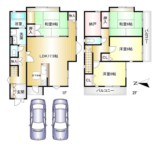 橿原市石原田町の間取り|4LDK＋S　土地面積：134.73ｍ2　建物面積：105.99ｍ2　駐車２台並列可能