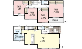 【間取り】 | 廿日市市阿品台1（阿品東駅）【P４台可】【限定1棟】 | 20帖リビング☆2階4部屋☆ファミリータイプ4LDK☆各居室に収納☆